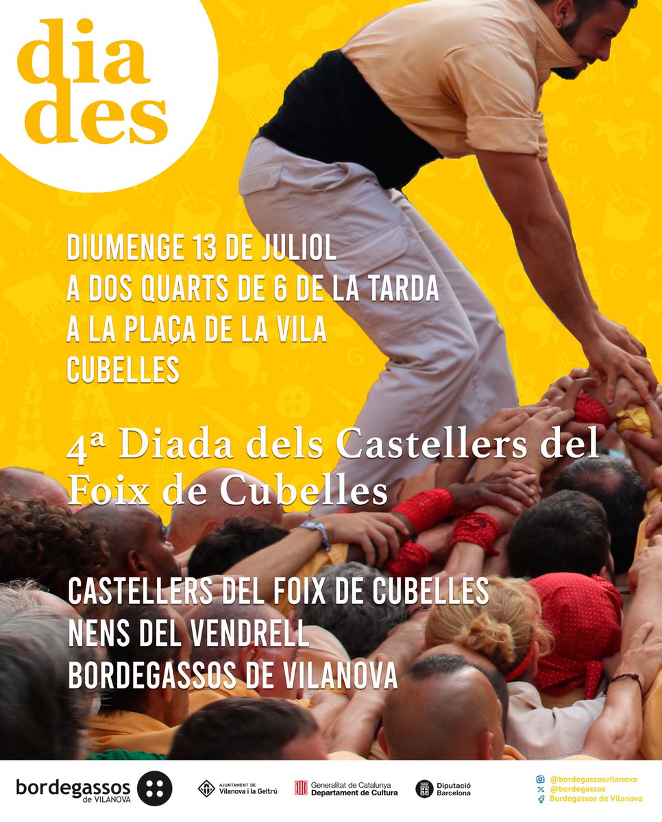 bordegassos's tweet image. 🟡 Aquest diumenge actuem a Cubelles, a la Diada IV Diada dels Castellers del Foix de Cubelles, els nostres fillols!
📅 13 de juliol a les 17:30 h
📍Plaça de la Vila, Cubelles.
👥 @nensdelvendrell i @CastDelFoix
#sombordegassos #devilanova #castells