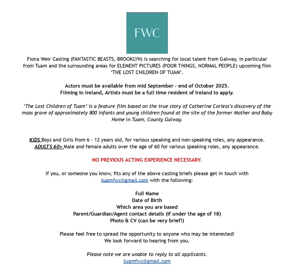 FIONA WEIR CASTING (@fwcasting) on Twitter photo Fiona Weir Casting are looking for Galway natives for a feature film with <a href="/ElementPictures/">Element Pictures</a>
Please do share! Fiona Weir Casting are looking for Galway natives for a feature film with <a href="/ElementPictures/">Element Pictures</a>
Please do share!