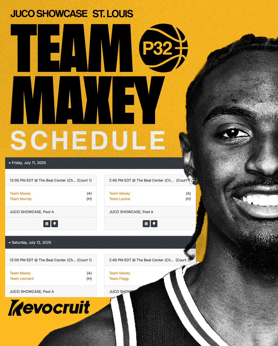 Revocruit (@revocruit) on Twitter photo July 11–12: The stage is set at the P32 JUCO Showcase in St. Louis — featuring some of the top JUCO prospects in the country.
Here’s Team Maxey’s full schedule — don’t miss your chance to see elite talent in action. July 11–12: The stage is set at the P32 JUCO Showcase in St. Louis — featuring some of the top JUCO prospects in the country.
Here’s Team Maxey’s full schedule — don’t miss your chance to see elite talent in action.
