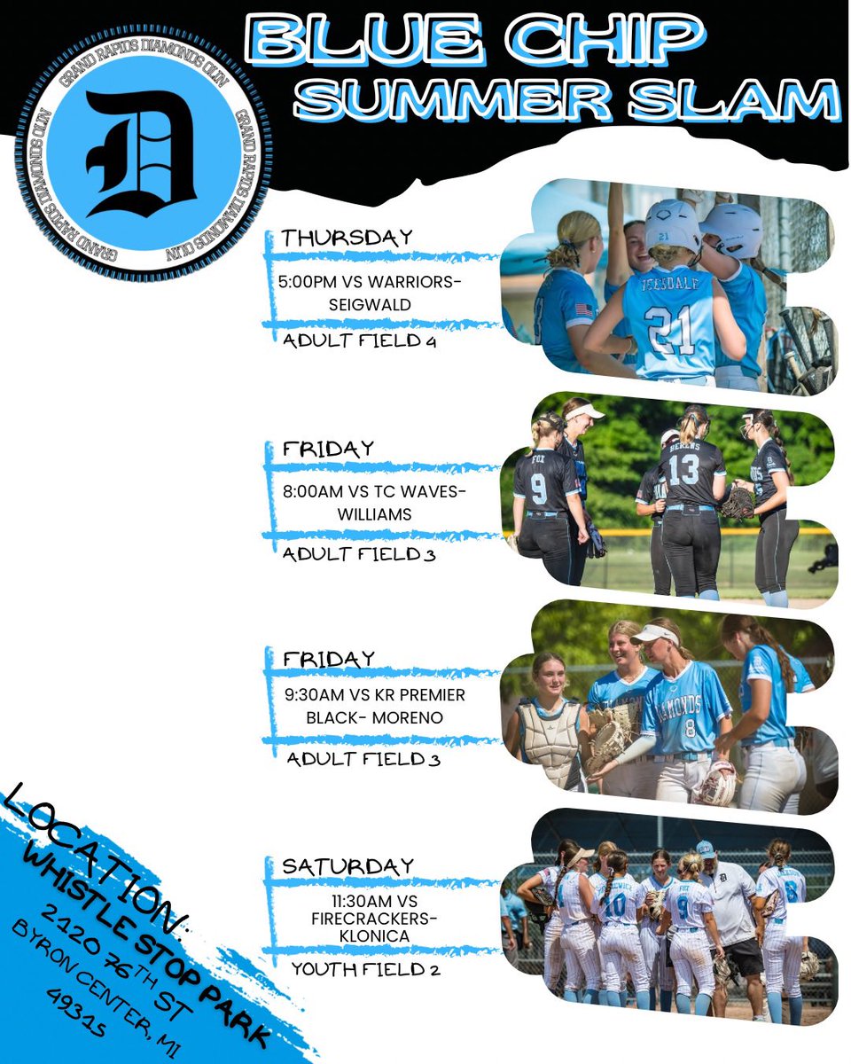 GRDiamondsOlin's tweet photo. The team is back in action this weekend at the Blue Chip Summer Slam. There will be a lot of great ball to be watched so stop by if you can and cheer on the ladies! Let’s go Diamonds! https://t.co/nSETbnFVG9