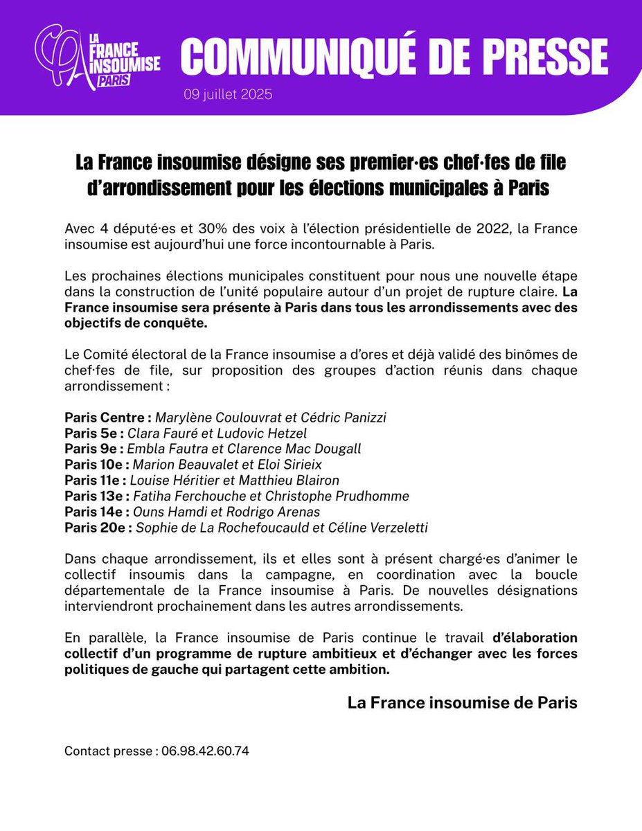 LaFIParis's tweet image. 🟣 LFI Paris désigne ses premiers chefs de file pour les municipales à Paris.
Retrouvez notre communiqué de presse ⬇️