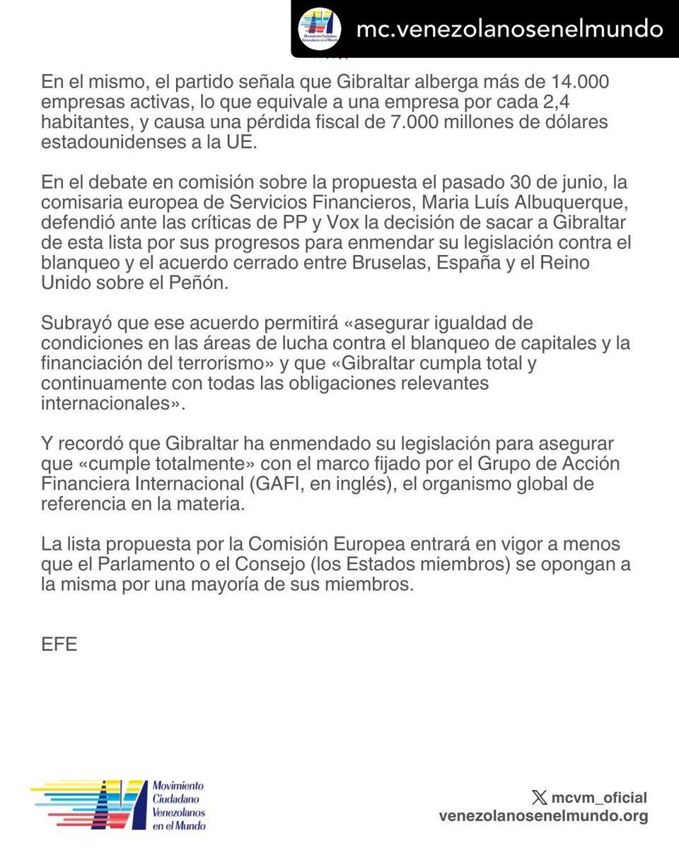 El Parlamento Europeo aceptó este miércoles sacar a Gibraltar y Panamá, entre otros países, de la lista de la Unión Europea de jurisdicciones con alto riesgo de blanqueo de capitales y financiación del terrorismo, así como incluir en la misma a Venezuela.
En concreto, la