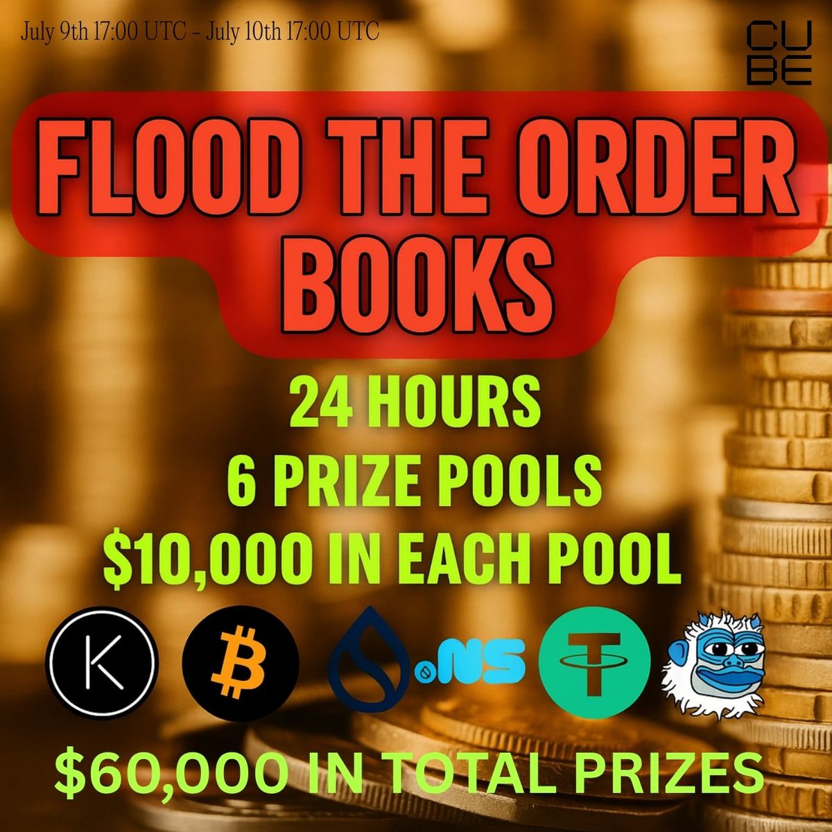 🔥 MASSIVE 24-HOUR TRADING EVENT  🔥

🎯 6 POOLS. $10K EACH. 24 HOURS.

📅 JULY 9th @ 17:00 UTC → JULY 10th 17:00 UTC

💰 Total: $60,000 prize pool

Trade any:
🟠 $BTC | 🟣 $SUI | 🎵 $LOFI | 🪙 $NS | 🍊 $KMNO | 💵 $USDT

Details 👇