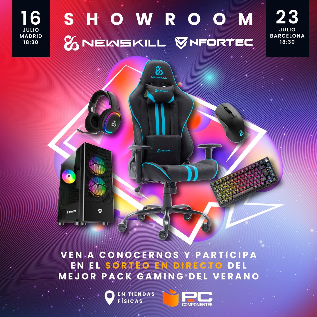newskill_ES's tweet photo. 🚨 Llega el Showroom Newskill x Nfortec.

Ven a vernos a la tienda de @pccomponentes y entra en el SORTEO de este pedazo de bundle que ves en la imagen 🙌

📍 Estaremos en las tiendas PcComponentes de Madrid y Barcelona junto a @Nfortec_ES poniendo a prueba con vosotros nuestros últimos lanzamientos, desde sillas y periféricos hasta lo último de Nfortec en componentes para PC.

Podrás participar en el SORTEO PRESENCIAL Y EN DIRECTO del bundle gaming más completo, compuesto por nuestra silla Kitsune V2, periféricos y caja de PC Nfortec 👀. También habrá minijuegos en directo con los que podrás llevarte merchan veraniego🏖️

¿Cómo participar?

➡️ Sigue a @newskill_ES y a @Nfortec_ES en X
➡️ Dale like y RT a esta publicación y menciona a dos amigos en comentarios
➡️ Acude a la tienda PcComponentes de Madrid o Barcelona en la fecha indicada. Estaremos allí, solo pásate a vernos y avísanos para que registremos tu participación. El sorteo se hará presencialmente allí mismo 😉

🗓 Madrid – 16 de julio a las 18:30 – Tienda PcComponentes: C. de Cavanilles, 35, Retiro
🗓 Barcelona – 23 de julio a las 18:30 – Tienda PcComponentes: Carrer de Fontanella, nº 5-7, L'Eixample

¡Os esperamos! ❤️

Tenéis toda la info aquí: https://t.co/r2bLyJqz35