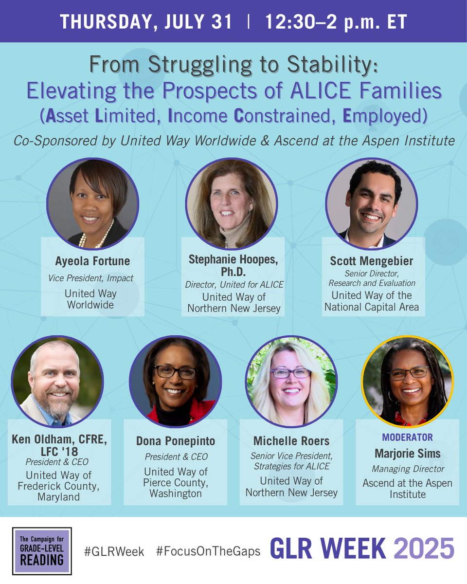 readingby3rd's tweet image. On Thur 7/31, join @readingby3rd @UnitedWay &
@AspenInstitute for #GLRWeek to learn how United Ways inspiring action, implementing strategies, + advocating for policies for #ALICE families. @United4ALICE @UnitedWayNNJ @UnitedWayFred
@UWNCA REGISTER: bit.ly/4lkzOOl