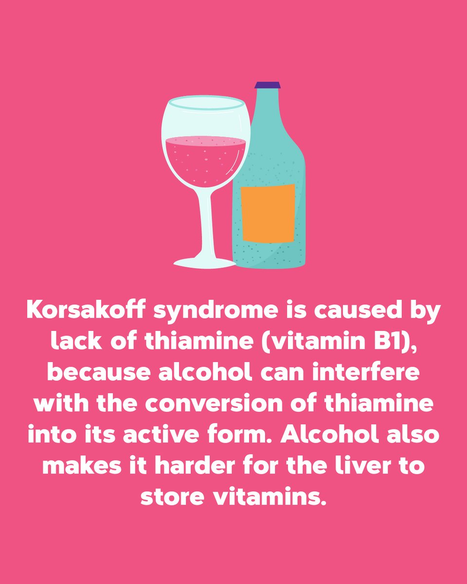 What is Korsakoff syndrome❓

Korsakoff syndrome is caused by lack of thiamine (vitamin B1), which affects the brain and nervous system. People who drink excessive amounts of alcohol are often thiamine deficient.

#AlcoholAwarenessWeek