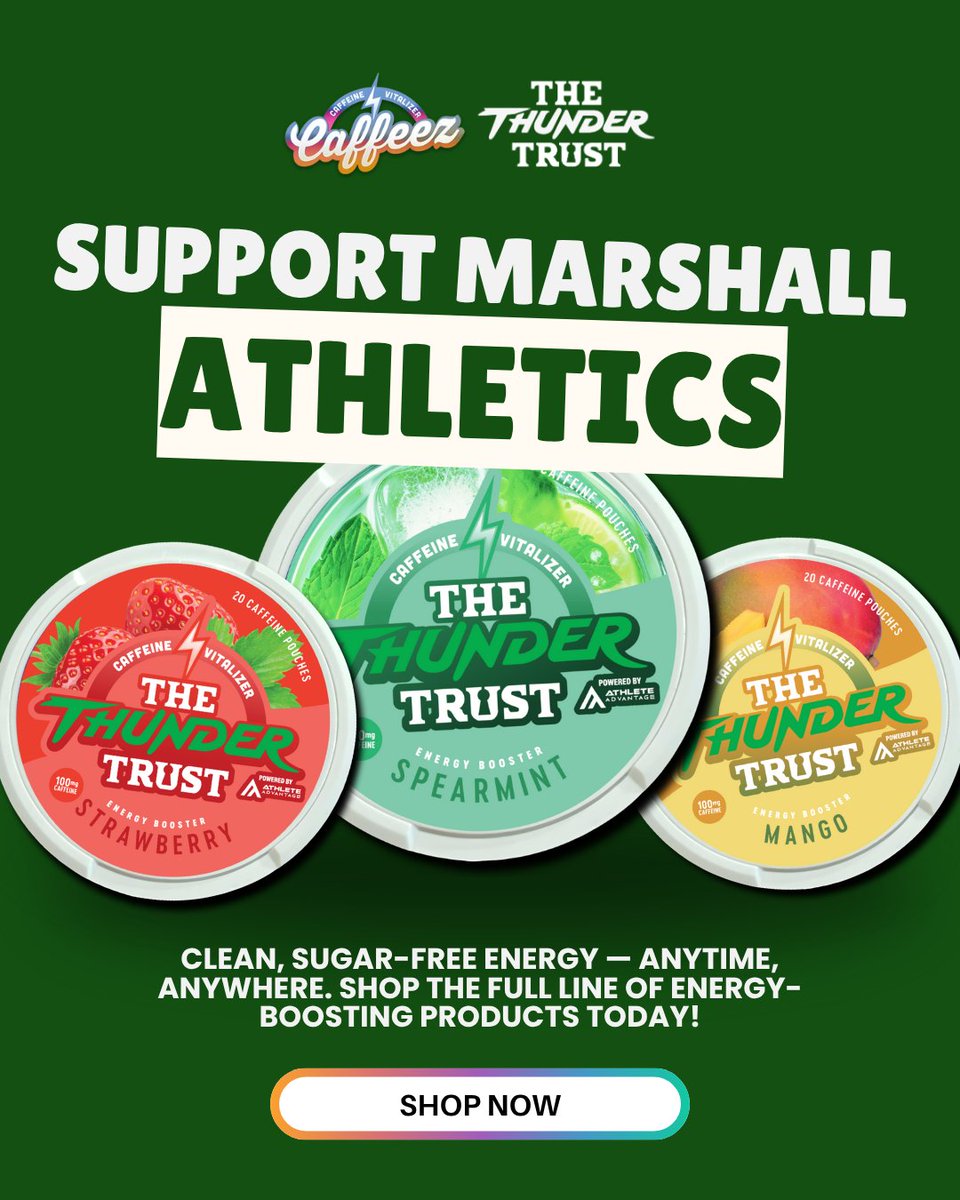 TheThunderTrust's tweet image. Every pouch powers the team! 💚🐃
Grab the new limited-edition Caffeez—clean, sugar-free caffeine that fuels Thundering Herd athletes. Stay energized and game-day ready, anytime.
Shop now and support the Herd: vist.ly/3n8x92r