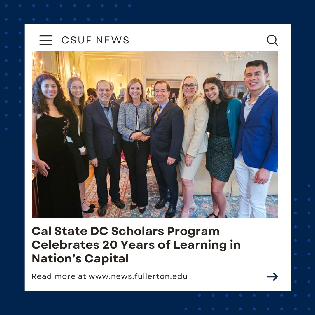 csufalumni's tweet image. Over the past 20 years, the Cal State DC Scholars program has provided over 650 #CSUF students with internships and leadership experiences in Washington, D.C. Alumni have gone on to work in the White House, Congress, and various federal agencies. More: bit.ly/4lDO308