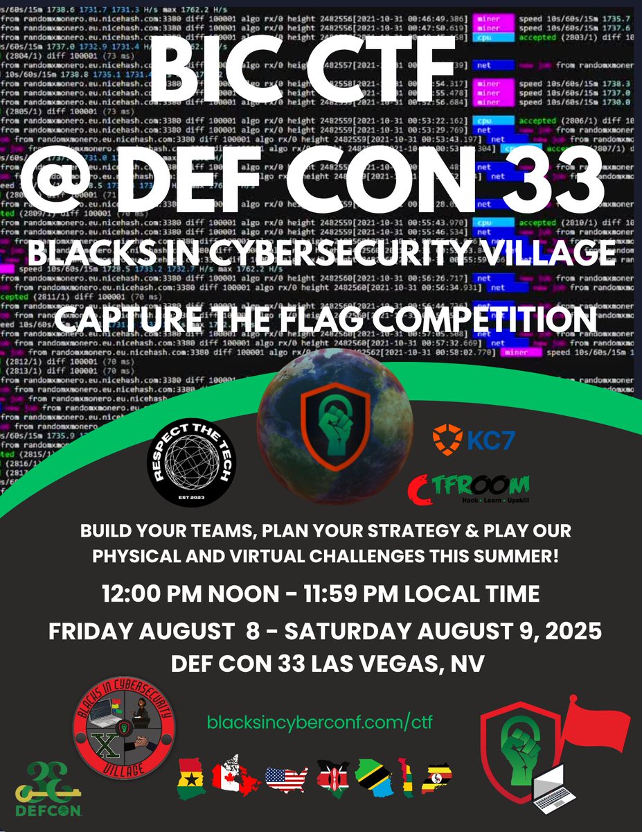BlackInCyberCo1's tweet image. 💻️ BIC CTF @ DEF CON 33 🏴‍☠️

More than a competition — it&apos;s a community! 

Dive into our CTF and sharpen your skills, make new connections and level up! 

blacksincyberconf.com/ctf

#AlaafiaState #BlacksInCyber #BICVillage #BIC_Village #HBCUCyber