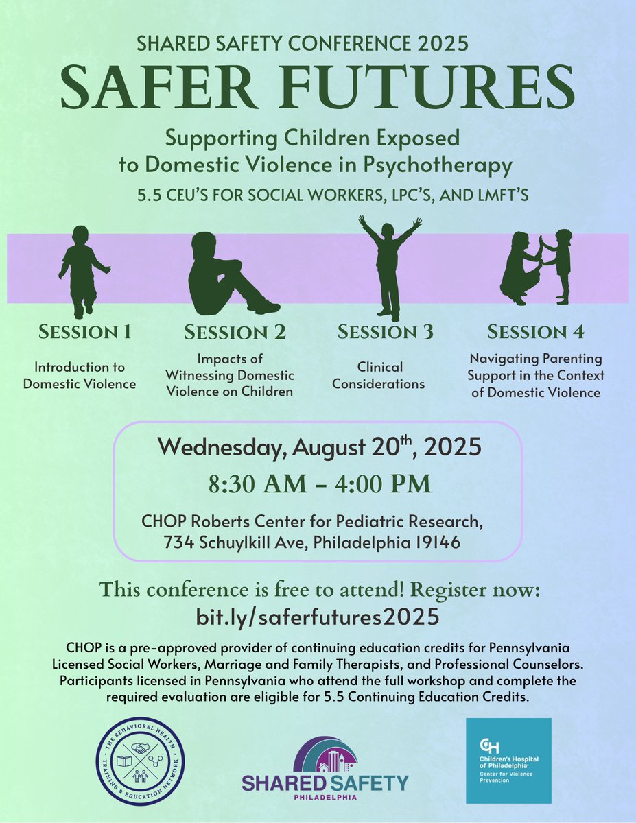 CVPatCHOP's tweet image. Registration is open now for the Safer Futures: Supporting Children Exposed to Domestic Violence in Psychotherapy conference 8/20 @ChildrensPhila&apos;s Roberts Center. The conference is free and will offer 5.5 CEs. Register by August 6: bit.ly/saferfutures20…. #DomesticViolence