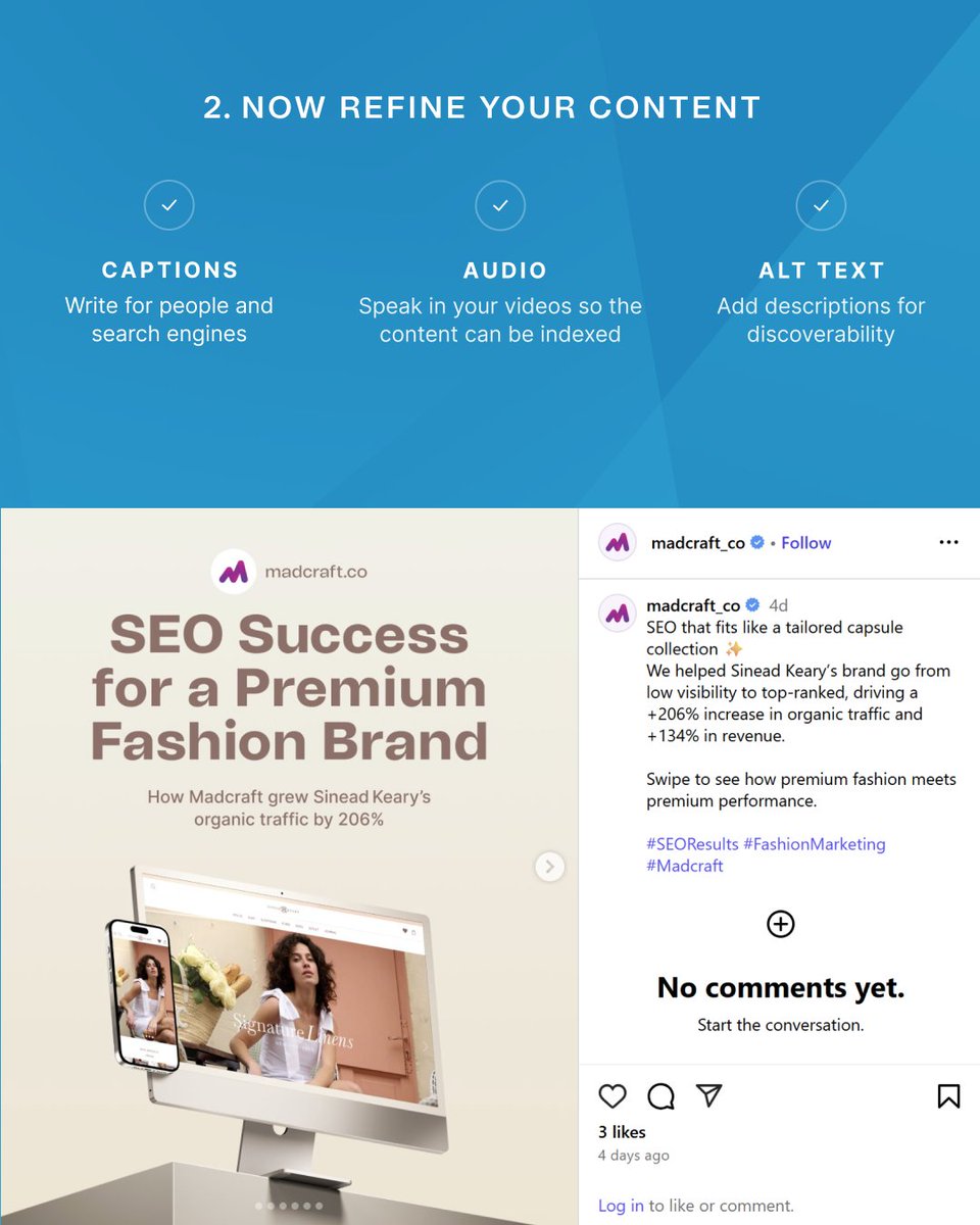 Instagram posts on Google? 👀
 Your public IG content can now show in search.
 🛠️ Add alt text
 🗣️ Use audio
 ✍️ Write searchable captions
 🔍 Optimize your profile
Social ≠ just social anymore.
 #InstagramSEO #DigitalGrowth #Madcraft