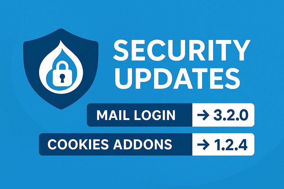 drupalaid's tweet image. #Drupal security update(s) were just released.
- A critical fix for Mail Login (CVE-2025-7393) affecting versions &gt;3.0.0.
- Also, a moderately critical XSS fix for Cookies Addons (CVE-2025-7392) up to 1.2.4