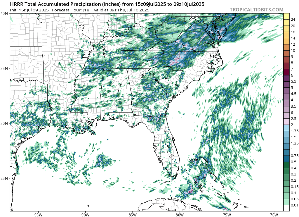 jackendrickwx's tweet image. CAMs are all painting a fairly similar picture for central NC today, with a stripe of 2-3"+ (localized higher amounts) possible through tomorrow AM.
Some discrepancies with where exactly, but that's to be expected with summertime convection. Keep an eye out for flooding today!
