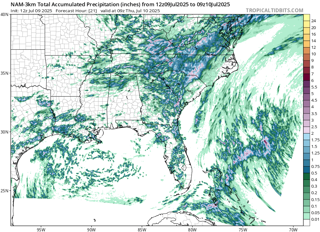 jackendrickwx's tweet image. CAMs are all painting a fairly similar picture for central NC today, with a stripe of 2-3"+ (localized higher amounts) possible through tomorrow AM.
Some discrepancies with where exactly, but that's to be expected with summertime convection. Keep an eye out for flooding today!