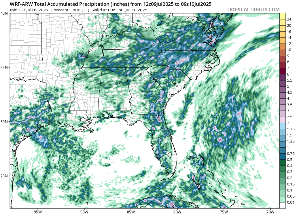jackendrickwx's tweet image. CAMs are all painting a fairly similar picture for central NC today, with a stripe of 2-3"+ (localized higher amounts) possible through tomorrow AM.
Some discrepancies with where exactly, but that's to be expected with summertime convection. Keep an eye out for flooding today!