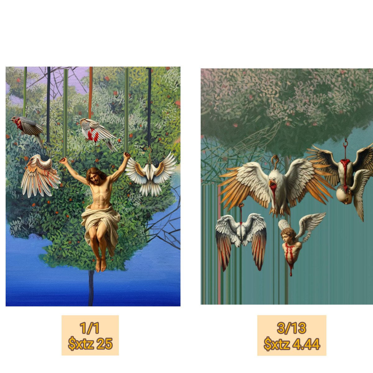 #AEW G.n
Title 1:Gone with the Wind
Title 2: where's god?
.
Upon a branch of the tree, a Christ hangs in endless pain,And birds are captive to the hook of time, in silence without name.
objkt.com/users/tz1bWBJq…
#zahra_haeei