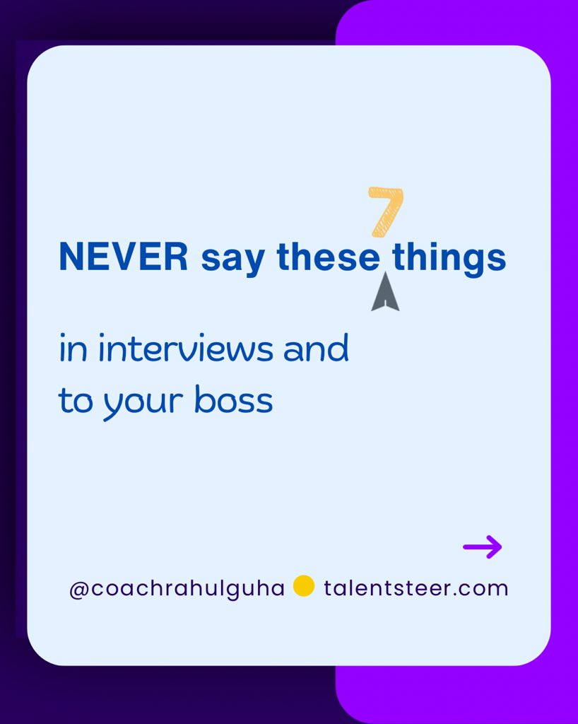 CoachRahulGuha's tweet photo. Most mess up interviews by saying the wrong things💪

Here are 7 things you should never say in interviews (or to your boss)❌

Audit your words before your next big step👌

Found this valuable? DM “Interview Blueprint” to get my prep system✅

 #InterviewTips
#louisvuitton #JAKE https://t.co/II66ydn9UF
