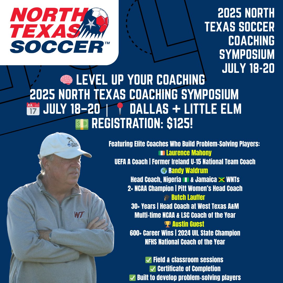 North Texas Soccer (@ntxsoccer_) on Twitter photo ๐จ FINAL WEEK to register
๐ฅ 3 Days. Elite Speakers. Just $125
๐๏ธ July 18โ20 | ๐Dallas + Little Elm
๐ค Mahony. Waldrum. Guest. Lauffer!
Register now โฌ๏ธ
๐ loom.ly/uIbLHww
#SoccerCoaches #CoachingSymposium #NTXSoccer #USSoccer
<a href="/USYouthSoccer/">US Youth Soccer</a> <a href="/UnitedCoaches/">United Soccer Coaches</a> <a href="/ussoccer_coach/">U.S. Soccer Coaching Education</a> ๐จ FINAL WEEK to register
๐ฅ 3 Days. Elite Speakers. Just $125
๐๏ธ July 18โ20 | ๐Dallas + Little Elm
๐ค Mahony. Waldrum. Guest. Lauffer!
Register now โฌ๏ธ
๐ loom.ly/uIbLHww
#SoccerCoaches #CoachingSymposium #NTXSoccer #USSoccer
<a href="/USYouthSoccer/">US Youth Soccer</a> <a href="/UnitedCoaches/">United Soccer Coaches</a> <a href="/ussoccer_coach/">U.S. Soccer Coaching Education</a>