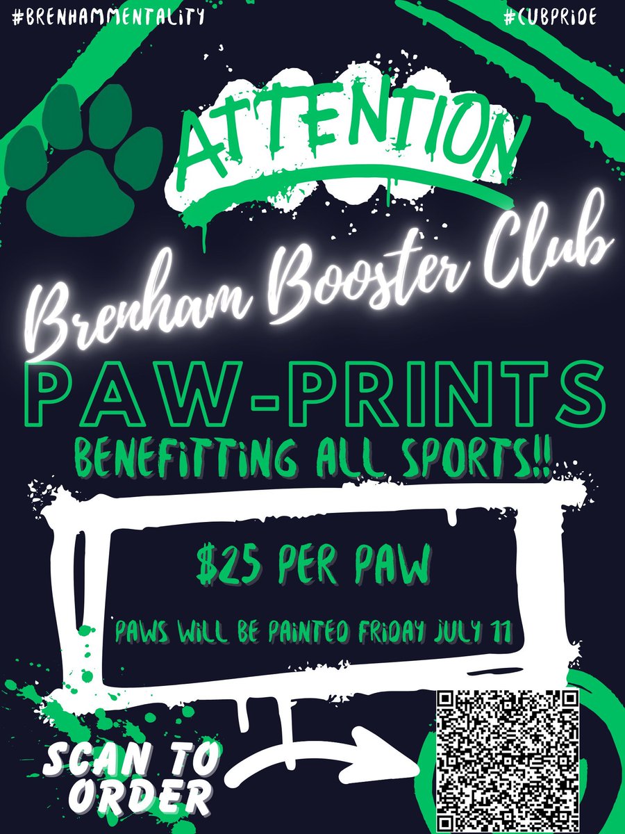 🐾 It’s time to paint the town GREEN! 🐾
The Brenham Booster Club is painting Cub Paw Prints again, and your support benefits every Brenham athlete!

🎨 Paws hit the pavement this Friday, July 11
💲 Just $25 per paw
📣 Don’t wait...reserve yours now and help our Cubs shine!
