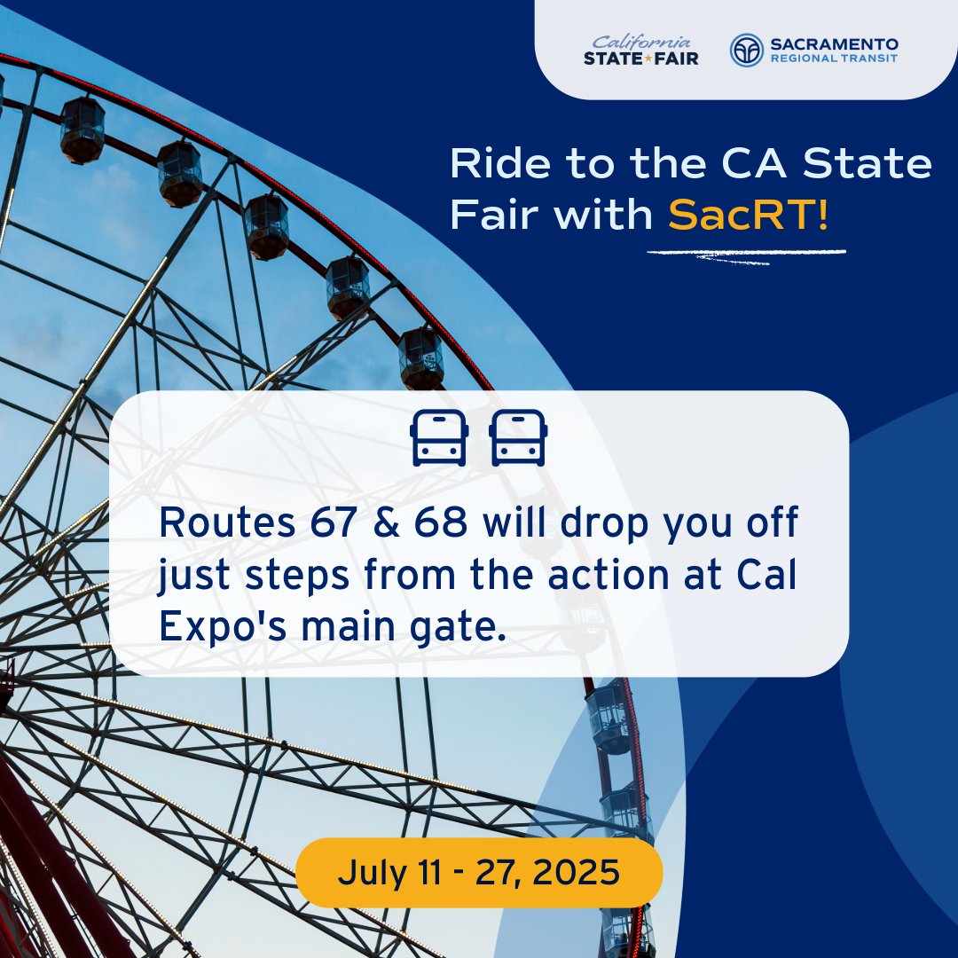 RideSacRT's tweet image. 🎡 Funnel cakes, Ferris wheels, and… SacRT! Routes 67 & 68 will get you to the California State Fair without the hassle. Hop off just steps from the main gate. Visit sacrt.com/statefair for details. 🚍🚉