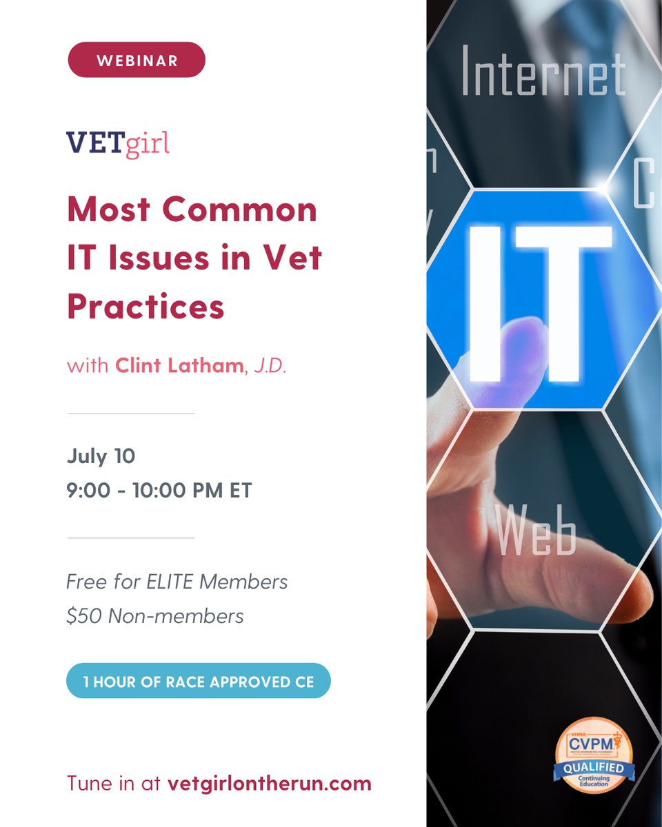 💻 IT Does Matter: Avoiding the Top Tech Pitfalls in Vet Practices 🖥️🐾

🔗 vetgirlontherun.com/webinars/july-…

#VETgirlWebinar #VetMed #PracticeManagement #VetTechTips #VeterinaryCE #VetLife #VeterinaryIT #VeterinaryLeadership
