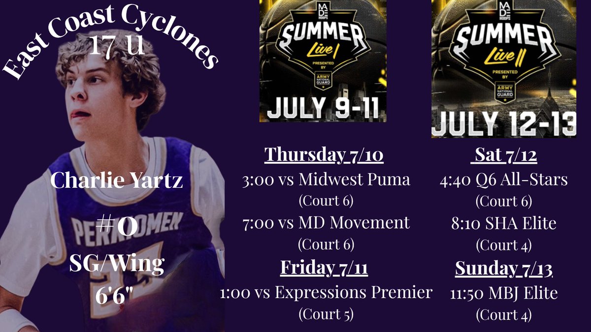 Charlie Yartz (@charlieyartz) on Twitter photo Ready to play the July live periods with East Coast Cyclones <a href="/ECCyclonesbball/">East Coast Cyclones</a>. We'll be playing Made Hoops Summer Live I/II July 9-13.
<a href="/HarryMorra/">Harry Morra</a> <a href="/CoachCervellino/">Coach Cervellino</a> <a href="/ContentJohnny_/">JCW2 📲</a> <a href="/CoachCaldera/">John Caldera</a> <a href="/PerkBasketball/">Perkiomen School Basketball</a> Ready to play the July live periods with East Coast Cyclones <a href="/ECCyclonesbball/">East Coast Cyclones</a>. We'll be playing Made Hoops Summer Live I/II July 9-13.
<a href="/HarryMorra/">Harry Morra</a> <a href="/CoachCervellino/">Coach Cervellino</a> <a href="/ContentJohnny_/">JCW2 📲</a> <a href="/CoachCaldera/">John Caldera</a> <a href="/PerkBasketball/">Perkiomen School Basketball</a>