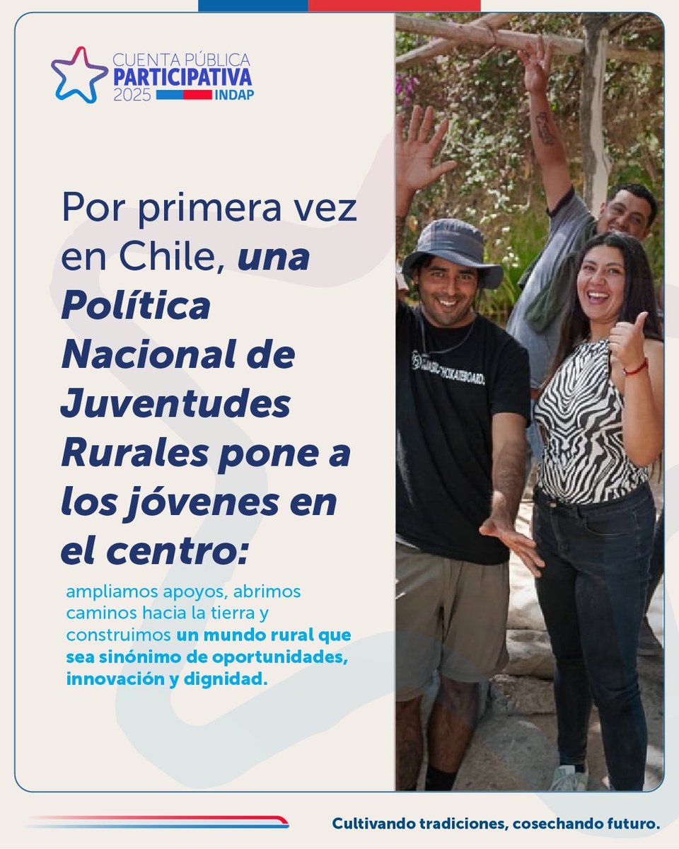 #CuentaPúblicaINDAP 🌱Una generación que sueña, emprende y transforma el campo. Con esta política, reafirmamos nuestro compromiso por un futuro rural inclusivo, donde las y los jóvenes son protagonistas del cambio. Transmisión en vivo 👉🏻 indap.gob.cl