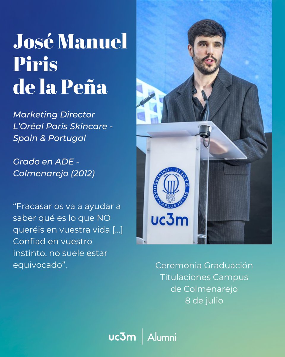 alumniUC3M's tweet image. 🎓 Nuestro #AlumniUC3M José Manuel Piris de la Peña, Marketing Director en L’Oréal Paris Skincare (Spain & Portugal), participó en la Graduación de Titulaciones del Campus de Colmenarejo el 8 de julio.
🙏🏼 Gracias por inspirar a quienes hoy se suman a la comunidad #AlumniUC3M💙