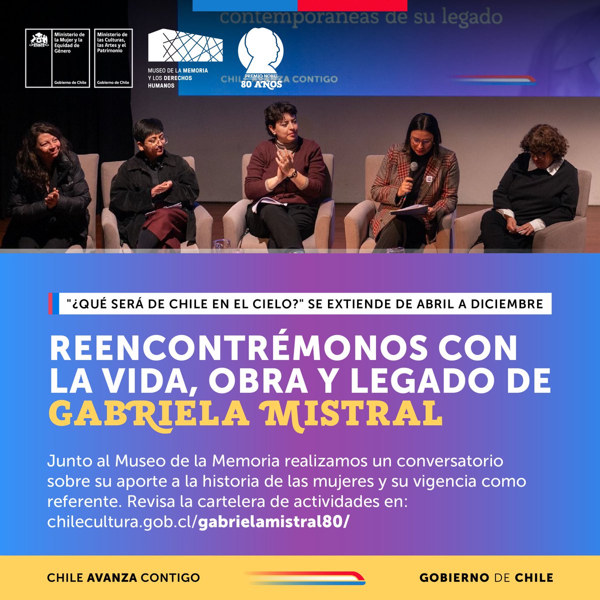 Estamos relevando la memoria de una poeta, pedagoga, diplomática y mujer clave del siglo XX 🌌💜Este conversatorio junto al <a href="/MuseoMemoriaCL/">Museo de la Memoria y los Derechos Humanos</a> buscó abordar su poesía y correspondencia personal, a través de memorias afectivas y lecturas contemporáneas.