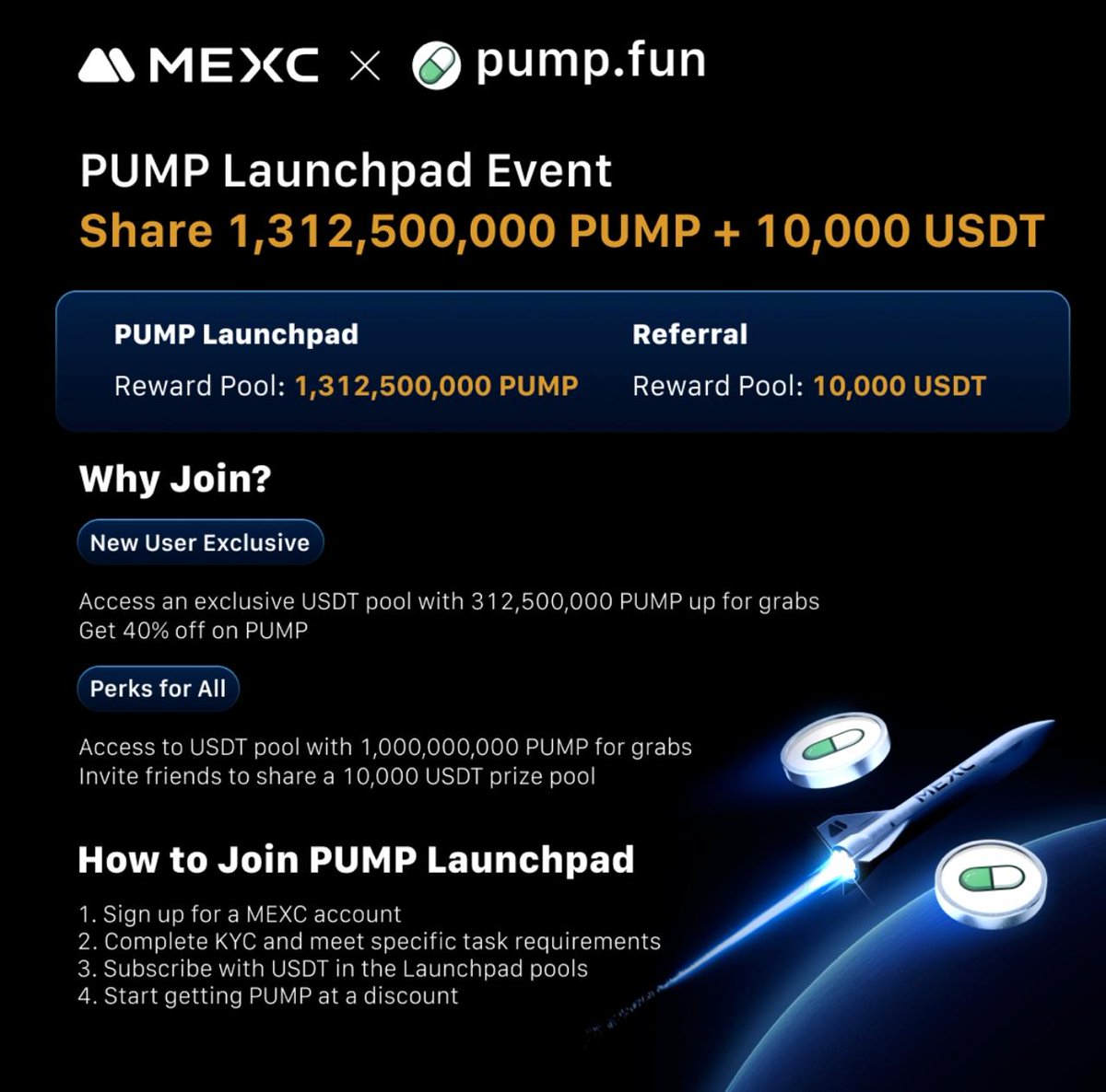 strijletit's tweet photo. Big news! MEXC is launching a $PUMP Launchpad! Get ready to participate. 
🔗 Join the Launchpad here: https://t.co/3PC7xRskbG
💰 Up for grabs: 1,312,500,000 $PUMP &amp; 10,000 USDT! https://t.co/TSb96Alho0