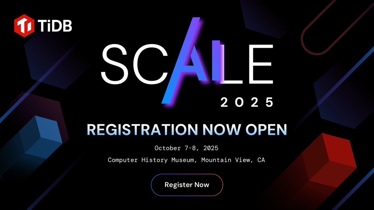 It's time to scale smarter! Join us at #TiDBSCaiLE2025—the event for distributed SQL, GenAI-ready data, &amp; cloud-native scale.

🗓️ Oct 7–8 | Mountain View, CA

✨ Expert talks
🚀 Product launches
🛠️ Hands-on labs

🎟️ Register Now: hubs.ly/Q03wt_Y70