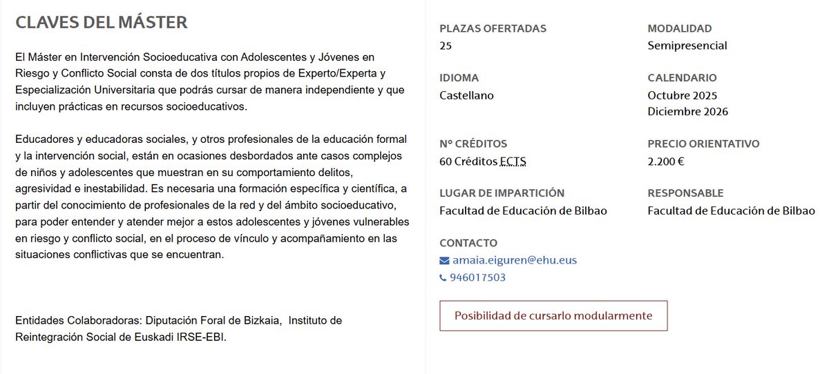 🎓📣 ABRIMOS HILO | ¡Quedan plazas!
Nos alegra anunciar que está ABIERTO el plazo de preinscripción y matricula para la cuarta edición
 Máster en Intervención Socioeducativa con Adolescentes y Jóvenes en Riesgo y Conflicto Social
📍 Facultad de Educación de Bilbao (EHU) 👇