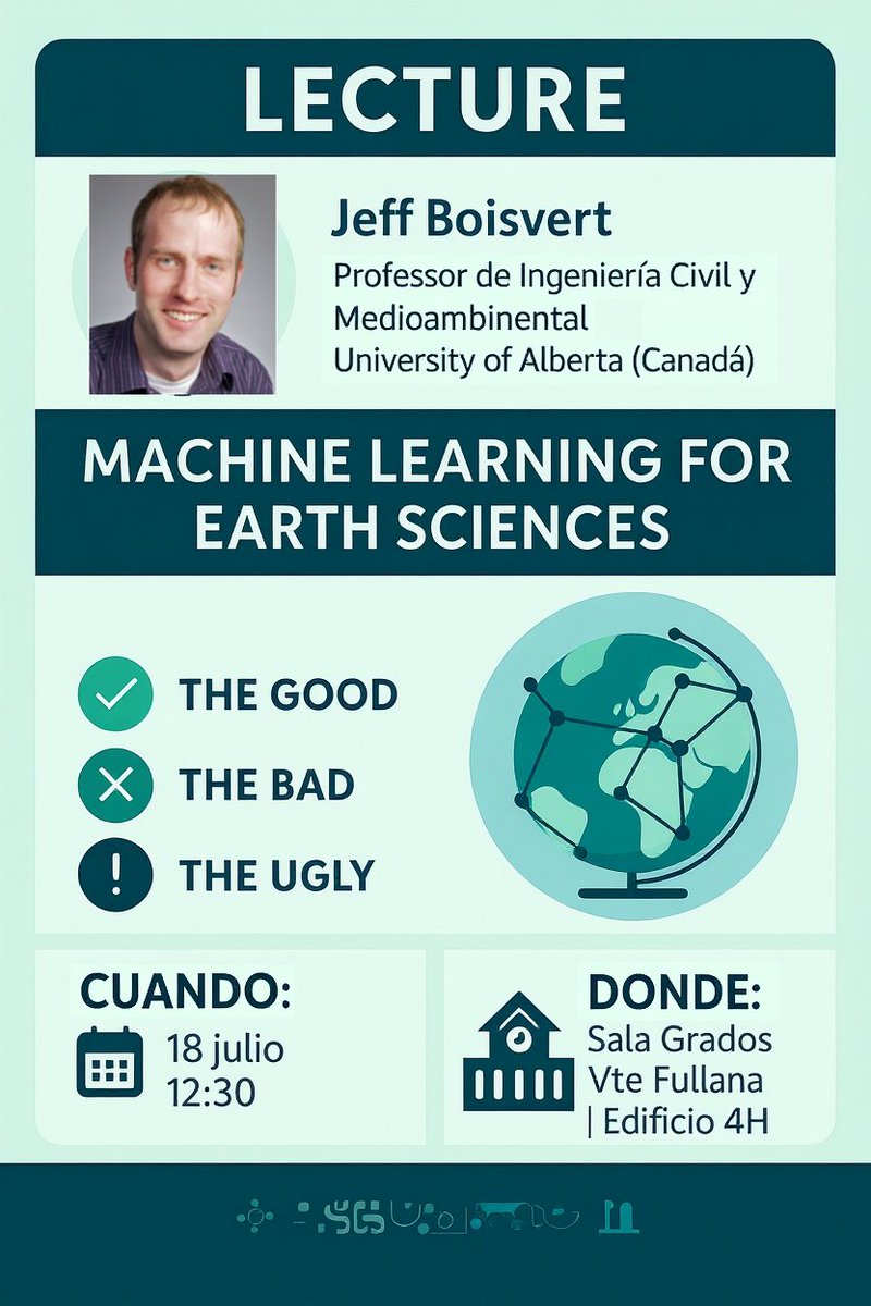 🎯 Conferencia magistral en la UPV
📅 18 julio, 12:30h
👨‍🏫 Jeff Boisvert, Distinguished Lecturer IAMG 2025
🏛️ Salón de grados Vicente Fullana, Escuela de Caminos (4H)
"The Future of Machine Learning and Model Validation in the Earth Sciences: The Good, the Bad, and the Ugly"