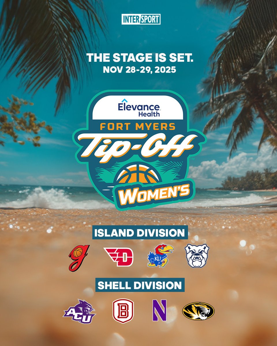 IntersportBuzz's tweet image. Sun. Sand. Serious competition.
The 2025 Elevance Health Women’s Fort Myers Tip-Off is back!
📍 Nov 28–29 | Suncoast CU Arena
📺 @scrippssports
🔥 Island: Butler, Dayton, Georgia, Kansas
🌊 Shell: ACU, Bradley, Mizzou, Northwestern
Packages drop 7/23: womensfortmyerstipoff.com