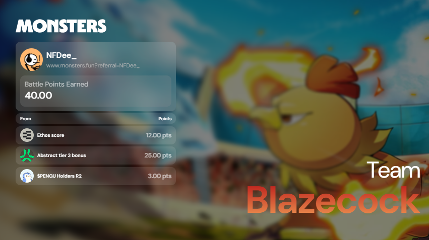 NFDee_'s tweet image. Start claiming your @Monstersdotfun Battle Points!
Use my ref for bonus battle points: NFDee_
link:
monsters.fun/?referral=NFDe…