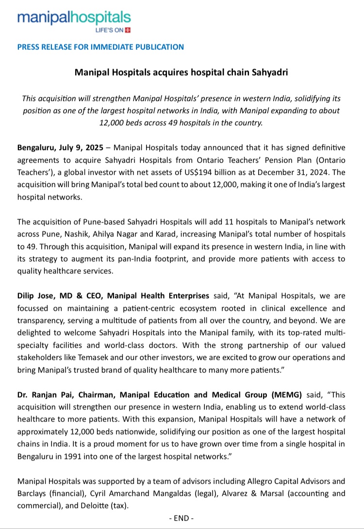 mohitbhallaET's tweet image. ET Newsbreak: India’s 2nd largest hospital chain Manipal buys Sahyadri Hospitals, confirming an ET news report from 30 June @RBWarrier