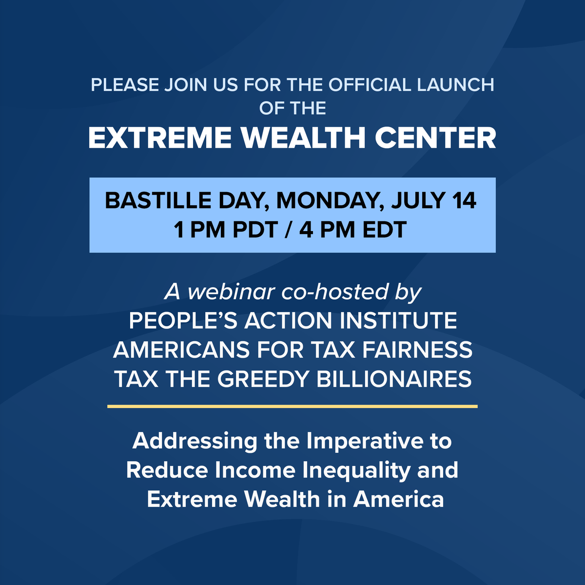 taxgreed's tweet image. Join us Monday at 4PM EDT for the launch of the Extreme Wealth Center, a new initiative to confront wealth concentration in the U.S.
This interactive webinar will examine the effects of extreme wealth and the imperative to tax the ultra-wealthy.
RSVP: mobilize.us/peoplesactioni…