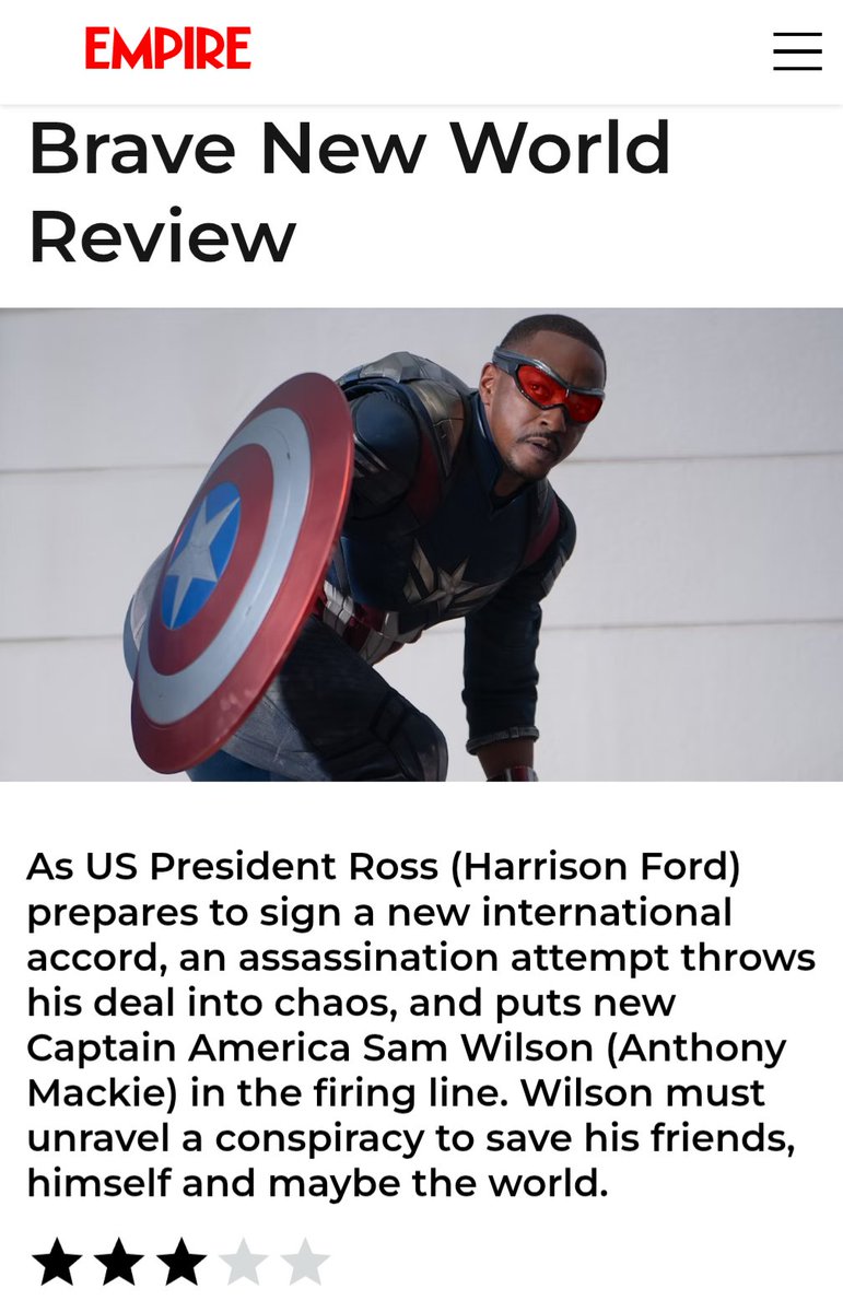 El medio que le dio 2 estrellas a Superman, le puso 3 a Captain América: Brave New World.

(Por eso no hay que calificar con números ni estrellas, pero en fin).