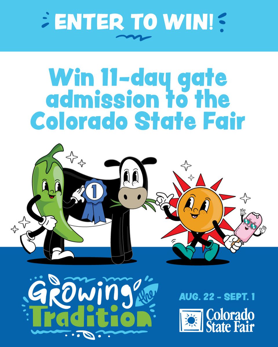 Enter to win two (2) passes to enjoy all 11 days of the #ColoradoStateFair, happening August 22nd - September 1st. Fair admission for all eleven days will be included.
This contest ends on July 13th at 11:55 PM!
👉 bit.ly/Win11DayPass
#GrowingTheTradition