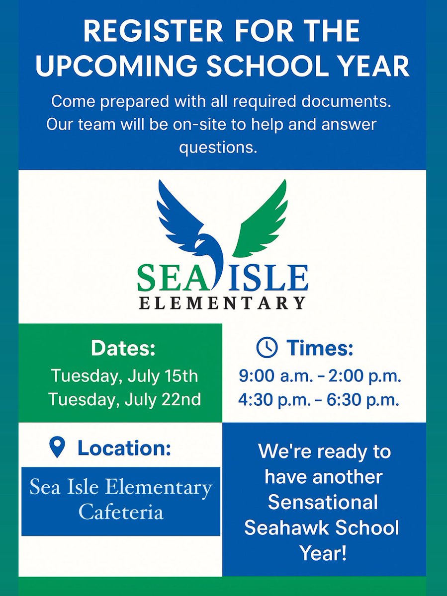 SeaIsleSeahawks's tweet image. It’s time to register for the upcoming school year. Choose the day and time that works best for you. Our team will be on site to assist you. 💙💚

#GreatnessGrowsHere #SeaIsle #Seahawks #BackToSchool #RegisterNow