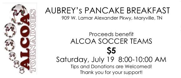 ⚽️ 
Come out and support the Alcoa Soccer teams and enjoy a delicious pancake breakfast at Aubrey's this Saturday!
Just $5!
Go Tornadoes!! 🌪️🌪️