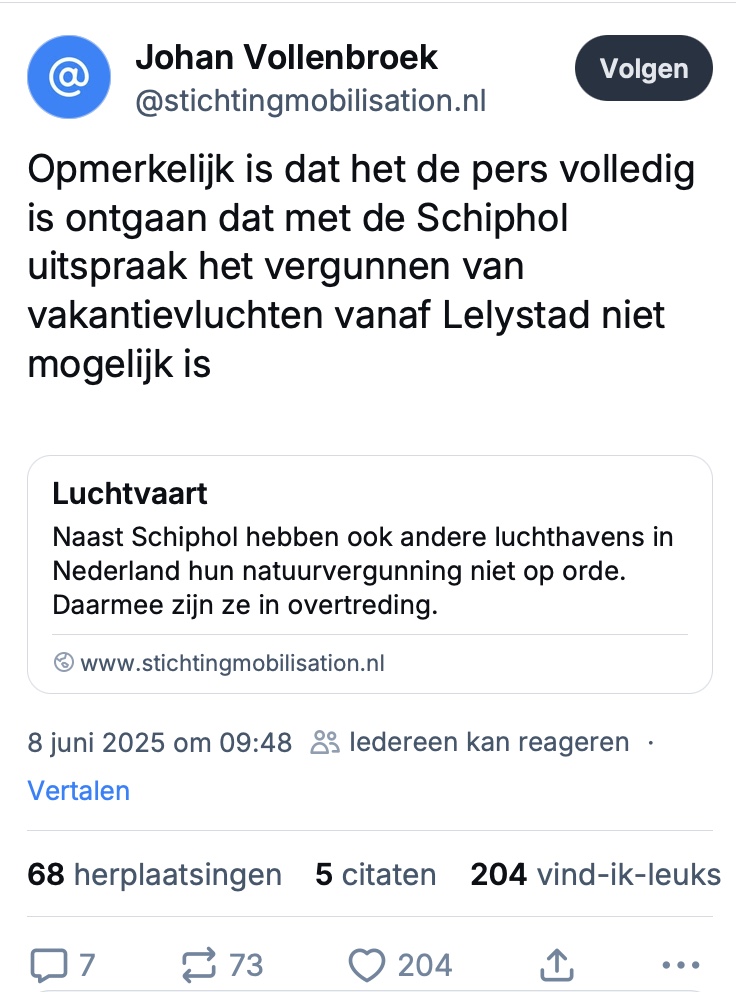 Volgens MOB kan Lelystad Airport sowieso niet vergund worden omdat Schiphol geen natuurvergunning meer heeft? Hoe zit dit? omroepflevoland.nl/nieuws/433779/…

(post op BlueSky; het lukt me niet die link hier te plakken)