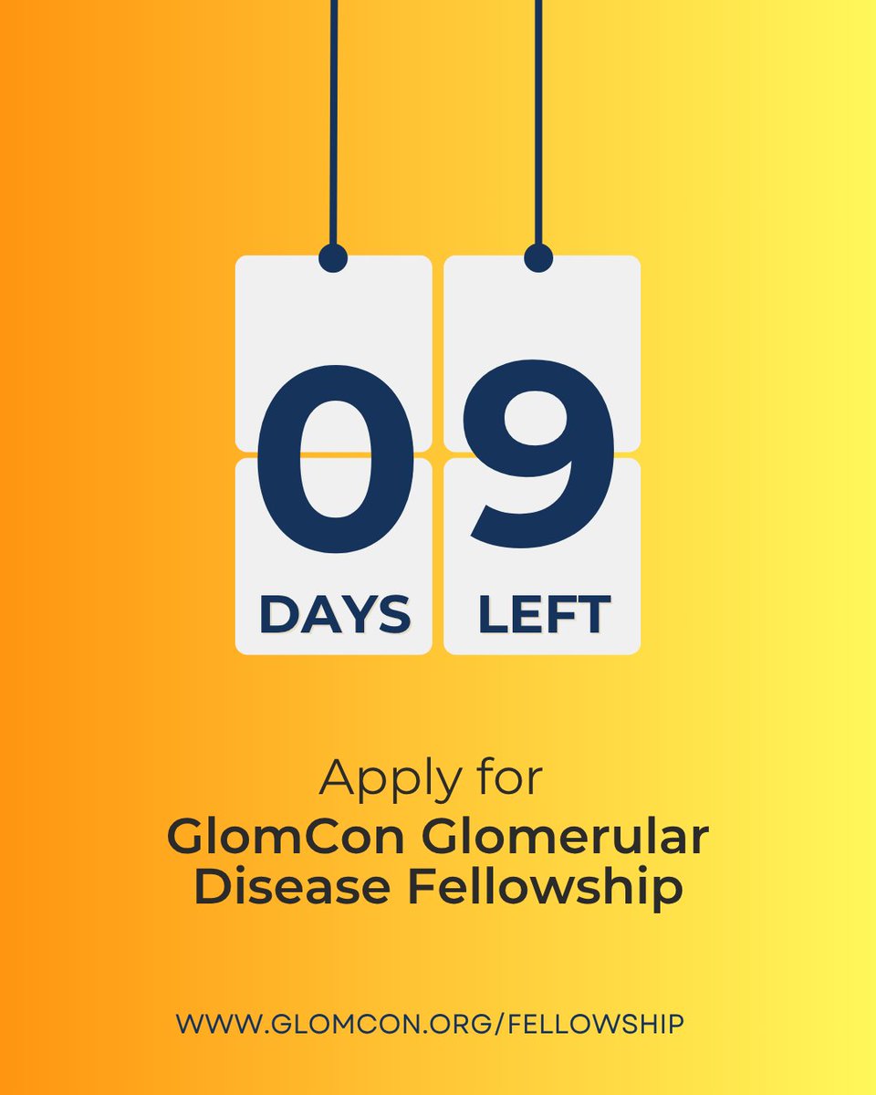 GlomCon's tweet image. Have you submitted your application yet?
GlomCon's Glomerular Disease Fellowship application closes in 9 days!
Submit your applications here: glomcon.org/fellowship
#GlomCon