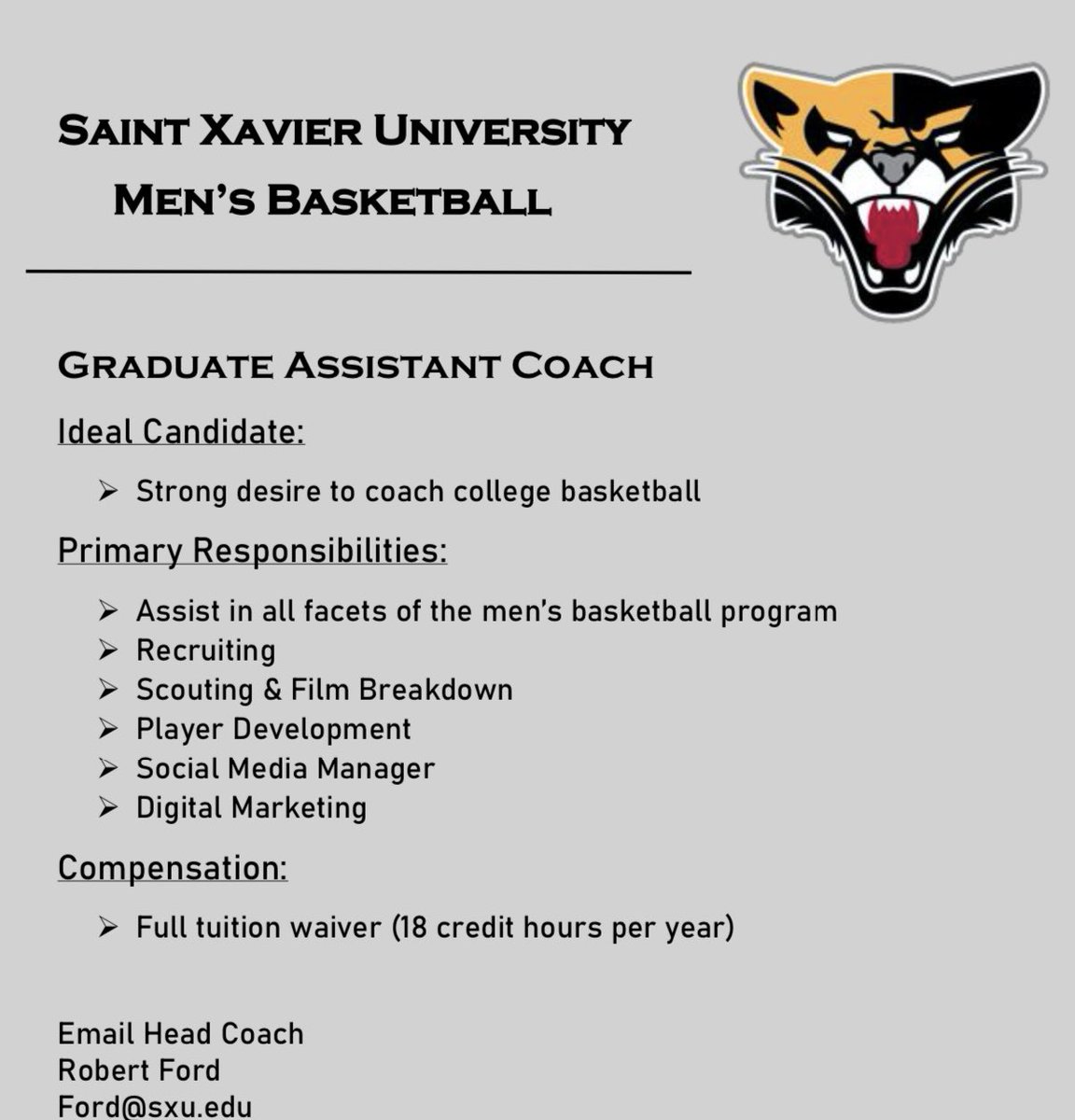 SXU Men's Basketball (@sxu_mbb) on Twitter photo 🚨Hiring MBB Graduate Assistant🚨
If interested, send your resume to <a href="/_CoachFord/">Robert Ford</a>
Details below ⬇️
#WeAreSXU #GoCougs 🚨Hiring MBB Graduate Assistant🚨
If interested, send your resume to <a href="/_CoachFord/">Robert Ford</a>
Details below ⬇️
#WeAreSXU #GoCougs
