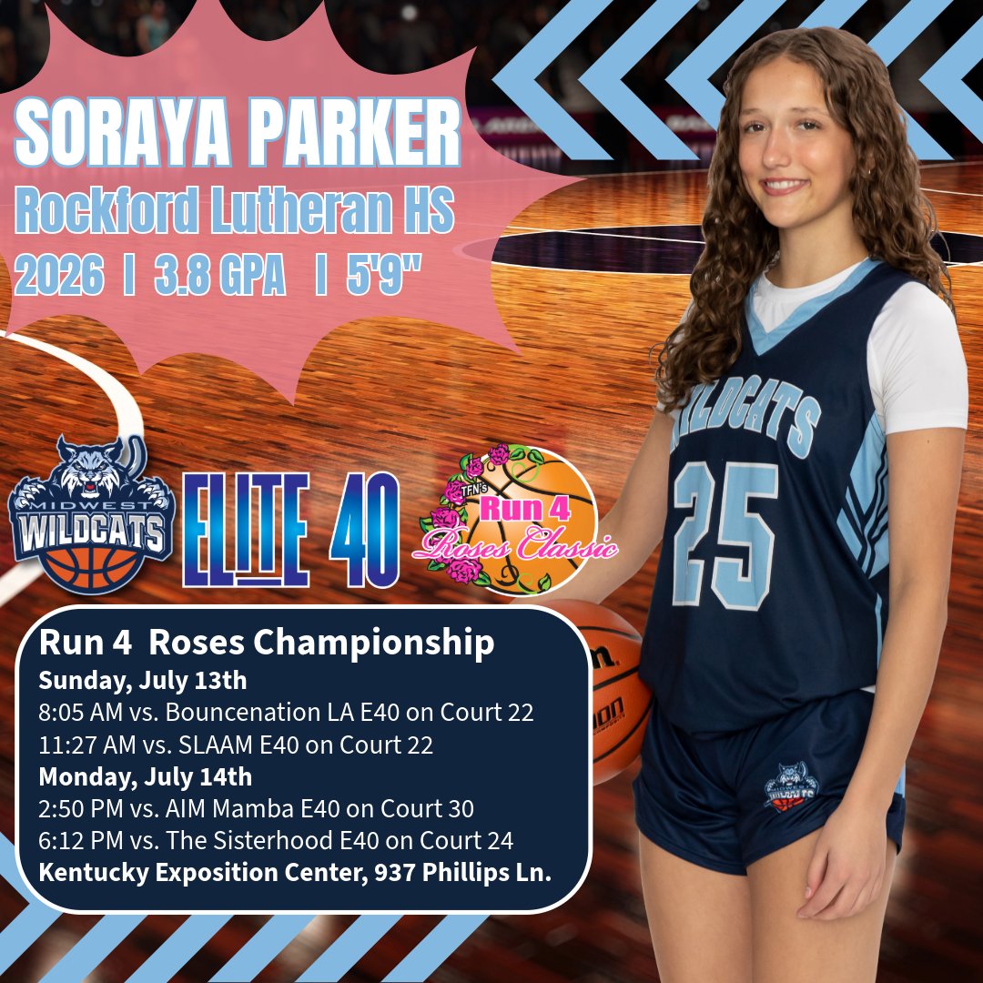Midwest Wildcats Basketball (@midwestwildcats) on Twitter photo 5'9" Guard Soraya Parker averaged 14.3 points, 3.6 rebounds, 1.6 assists, and 2.1 steals per game in the Spring portion of the season. She is set to play in Louisville this weekend at Run 4 Roses Championship in the E40 circuit. <a href="/SorayaParker25/">Soraya Parker</a>'s first game will tip off at 8:05 5'9" Guard Soraya Parker averaged 14.3 points, 3.6 rebounds, 1.6 assists, and 2.1 steals per game in the Spring portion of the season. She is set to play in Louisville this weekend at Run 4 Roses Championship in the E40 circuit. <a href="/SorayaParker25/">Soraya Parker</a>'s first game will tip off at 8:05