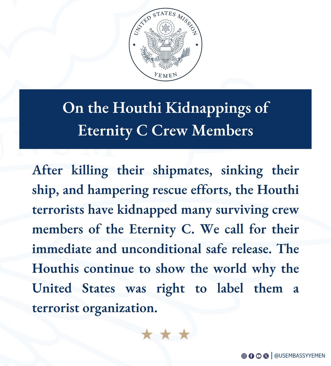 On the Houthi Kidnappings of Eternity C Crew. #USAwithYemen
