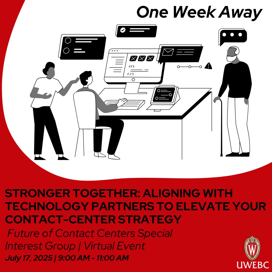 Our Future of Contact Centers Special Interest Group is meeting in 𝐨𝐧𝐞 𝐰𝐞𝐞𝐤 to discuss strategies to leverage tech partnerships to advance contact center performance. 

Don’t miss this opportunity to exchange ideas. Register using the link below! 
uwebc.wisc.edu/uwebc-events/d…