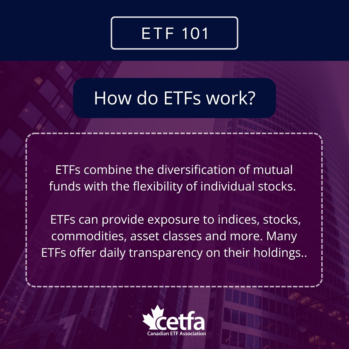 ⚙️ ETF 101: How do ETFs work? 
 
ETFs hold a basket of assets and track an index or theme. 
 
They trade on the stock exchange, jnust like a stock. 
 
✅ Real-time trading 
✅ Transparency 
✅ Lower feels 
 
#ETF101 #HowETFsWork #CETFA