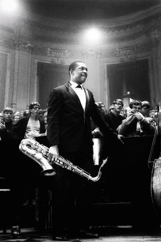 John Coltrane photographed on stage at Liederhalle in Stuttgart, Germany, 1963.