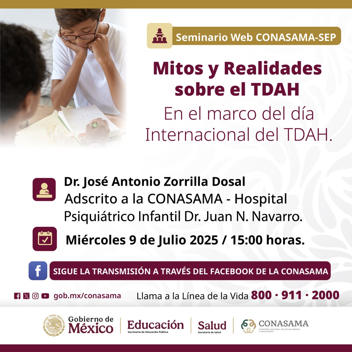 ceb67gb's tweet photo. 🔵 Te invitamos al Webinario “MITOS Y REALIDADES SOBRE EL TDAH”, a realizarse el día de hoy miércoles, 09 de julio, a las 15:00 horas, para ello sigue la transmisión a través del perfil de Facebook de la CONASAMA. https://t.co/nHUdWI4iFG